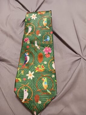 Disney Parks Green Tropical Parrot Tie with Multicolor Bird Accents